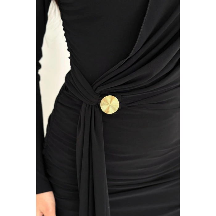 Kadın Siyah Sandy Drapeli Gold Toka Detaylı Mini Elbise