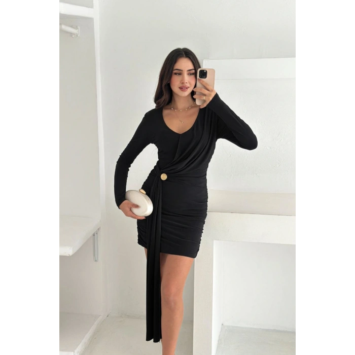 Kadın Siyah Sandy Drapeli Gold Toka Detaylı Mini Elbise
