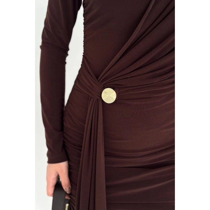 Kadın Kahverengi Sandy Drapeli Gold Toka Detaylı Mini Elbise
