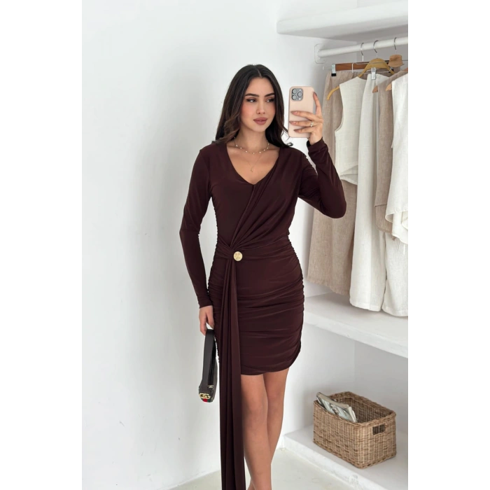 Kadın Kahverengi Sandy Drapeli Gold Toka Detaylı Mini Elbise