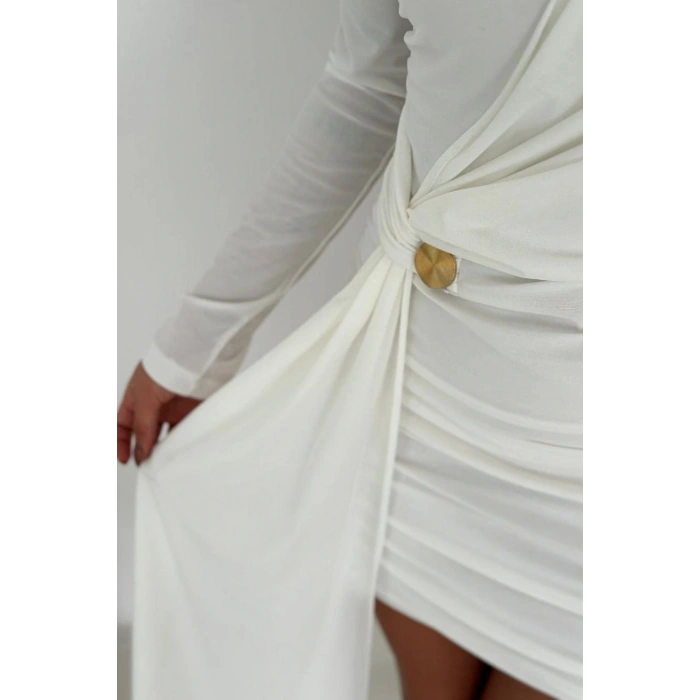 Kadın Beyaz Sandy Drapeli Gold Toka Detaylı Mini Elbise