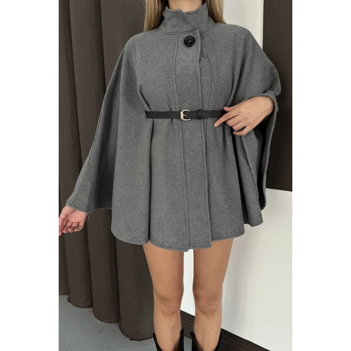 Kemer Detaylı Kaşe Antrasit Panço