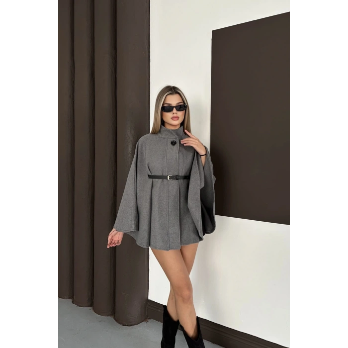 Kemer Detaylı Kaşe Antrasit Panço