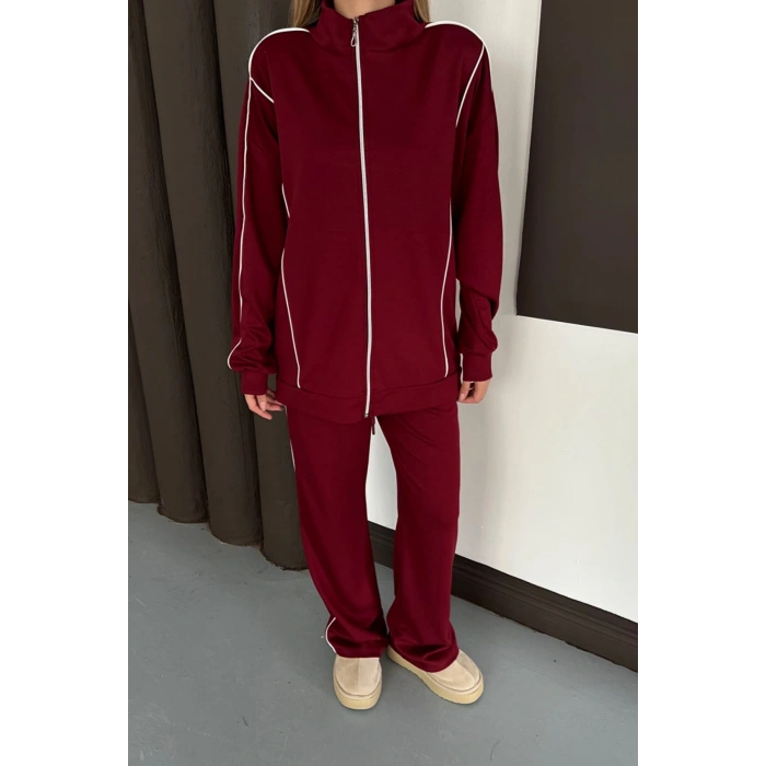 Kadın Bordo Ara Biyeli Uzun Eşofman Takımı