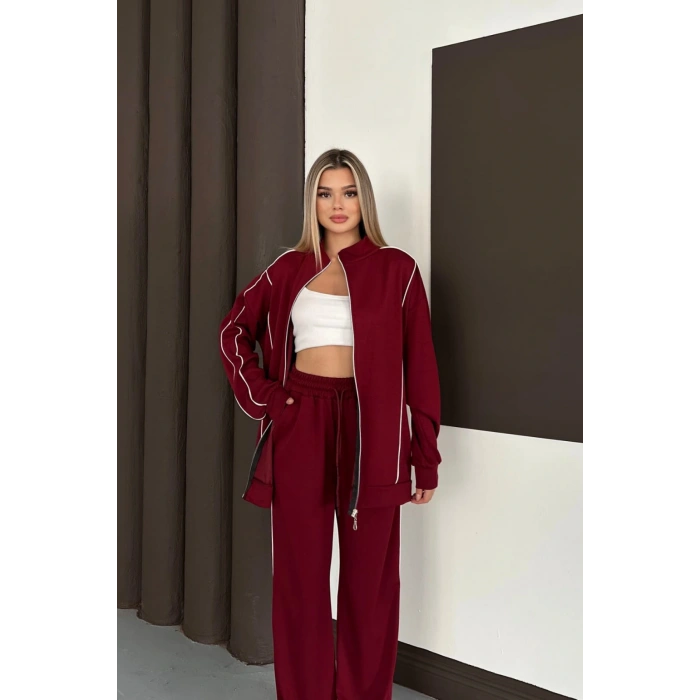 Kadın Bordo Ara Biyeli Uzun Eşofman Takımı