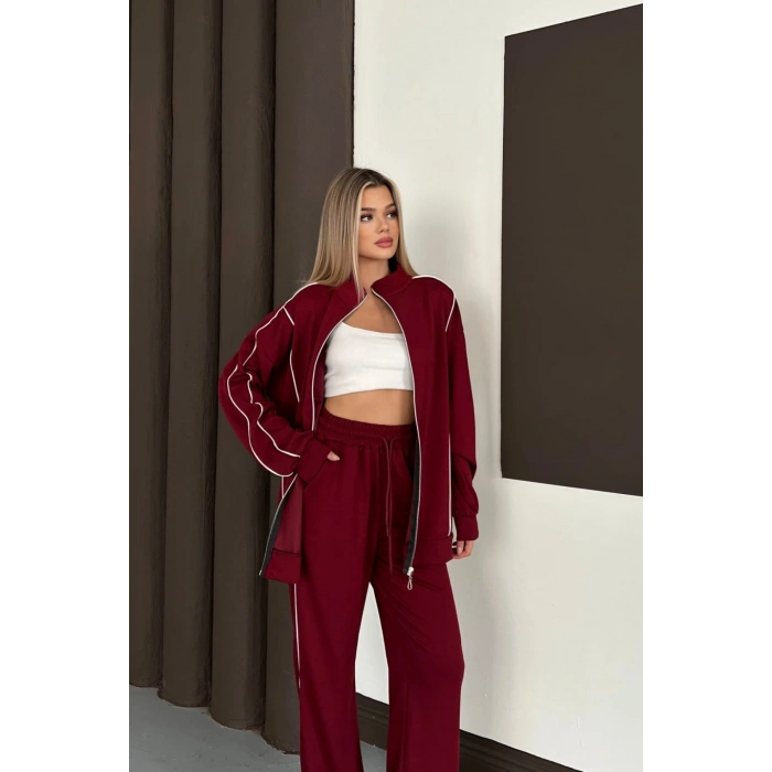 Kadın Bordo Ara Biyeli Uzun Eşofman Takımı
