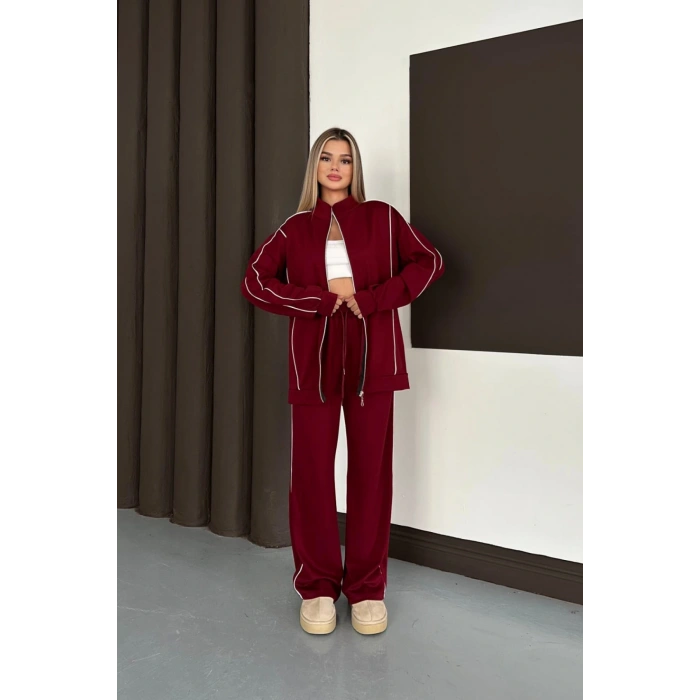 Kadın Bordo Ara Biyeli Uzun Eşofman Takımı