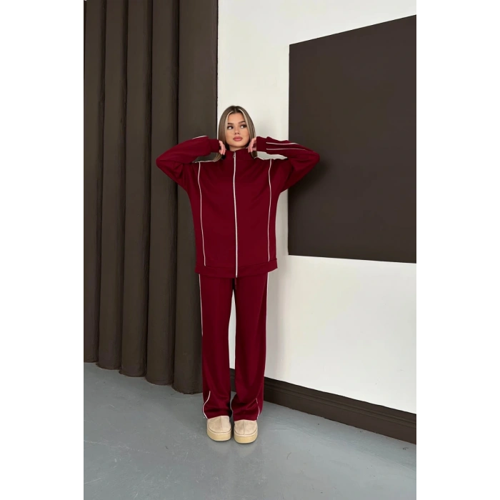 Kadın Bordo Ara Biyeli Uzun Eşofman Takımı