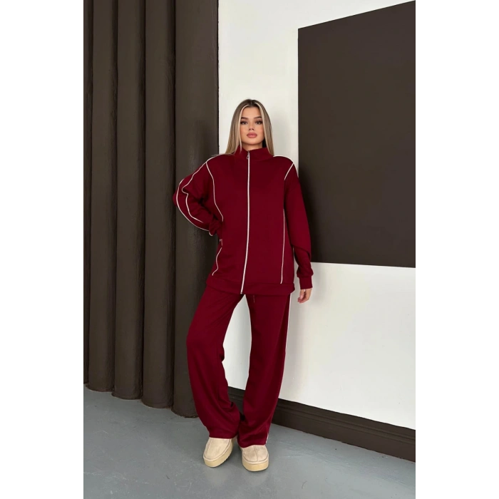 Kadın Bordo Ara Biyeli Uzun Eşofman Takımı