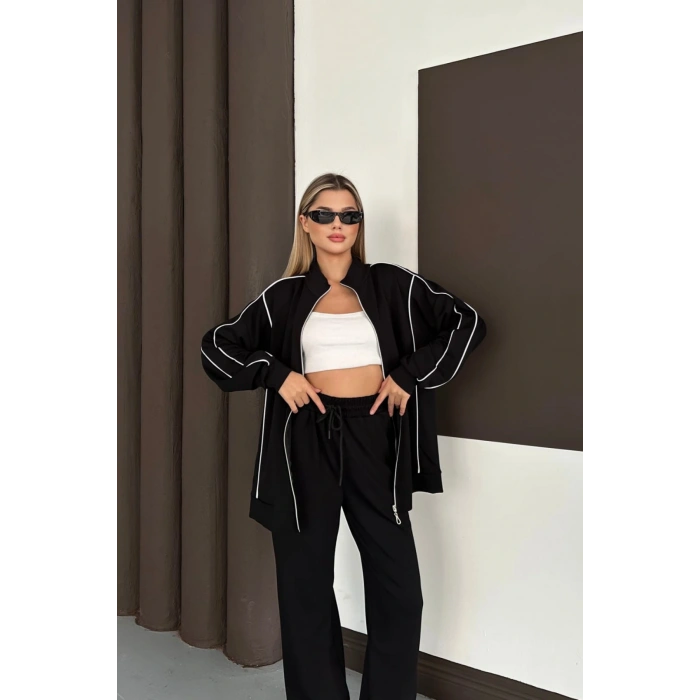 Kadın Siyah Ara Biyeli Uzun Eşofman Takımı
