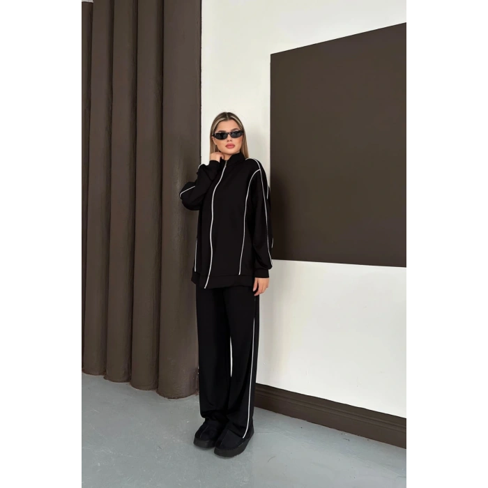 Kadın Siyah Ara Biyeli Uzun Eşofman Takımı