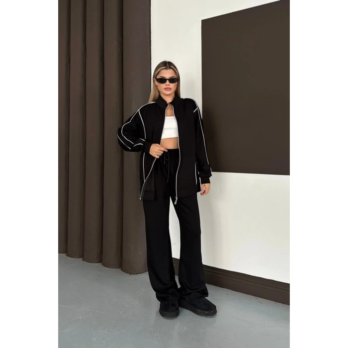 Kadın Siyah Ara Biyeli Uzun Eşofman Takımı