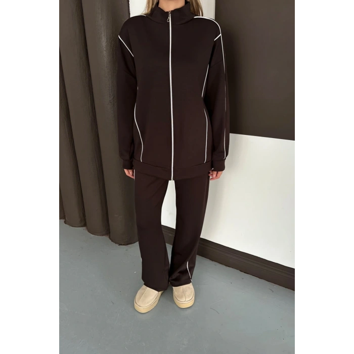 Kadın Kahverengi Ara Biyeli Uzun Eşofman Takımı