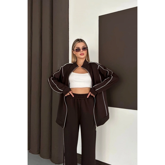 Kadın Kahverengi Ara Biyeli Uzun Eşofman Takımı