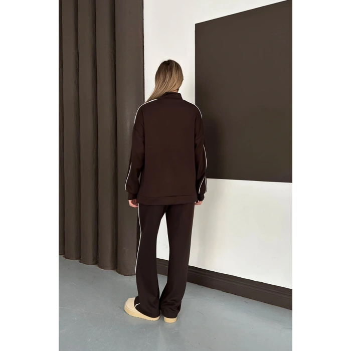 Kadın Kahverengi Ara Biyeli Uzun Eşofman Takımı