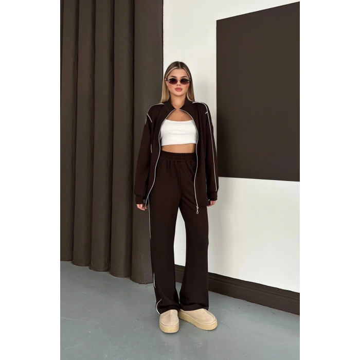 Kadın Kahverengi Ara Biyeli Uzun Eşofman Takımı