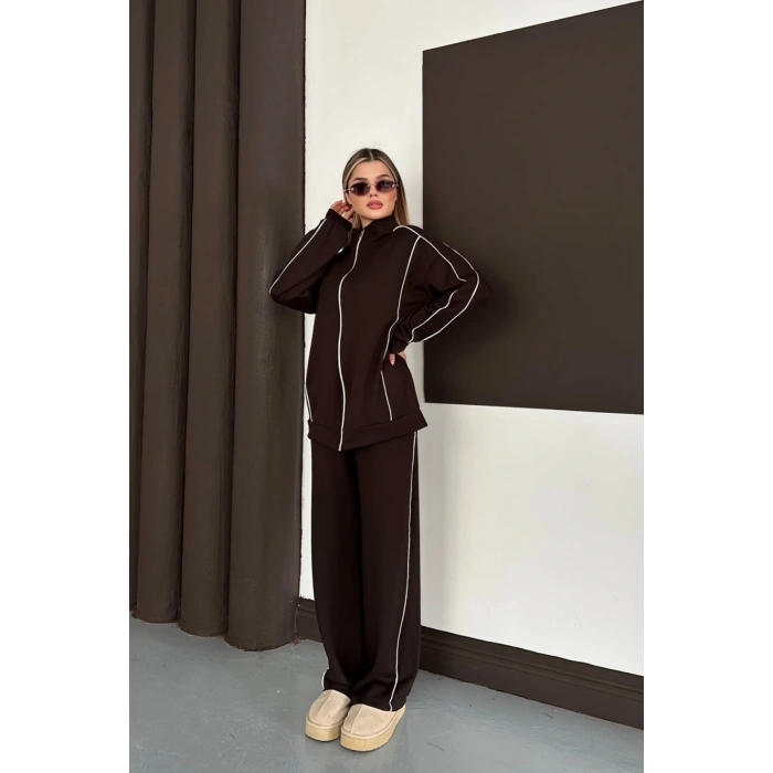 Kadın Kahverengi Ara Biyeli Uzun Eşofman Takımı