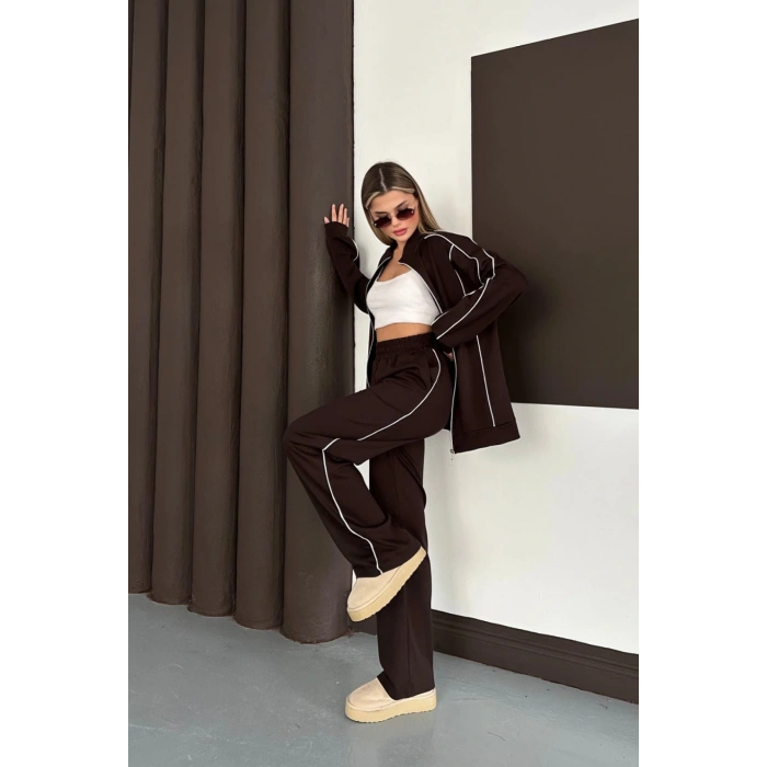 Kadın Kahverengi Ara Biyeli Uzun Eşofman Takımı