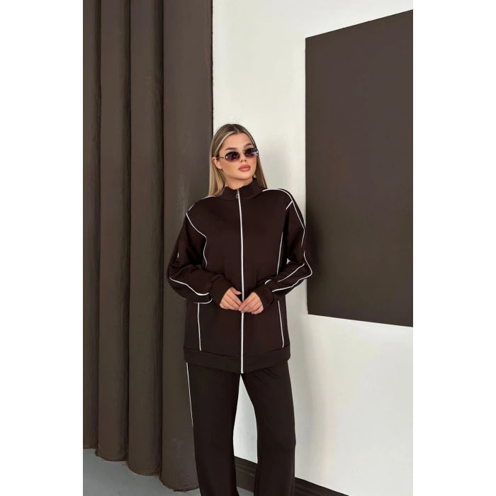 Kadın Kahverengi Ara Biyeli Uzun Eşofman Takımı