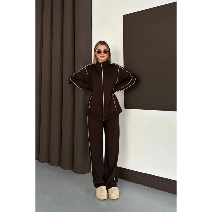 Kadın Kahverengi Ara Biyeli Uzun Eşofman Takımı