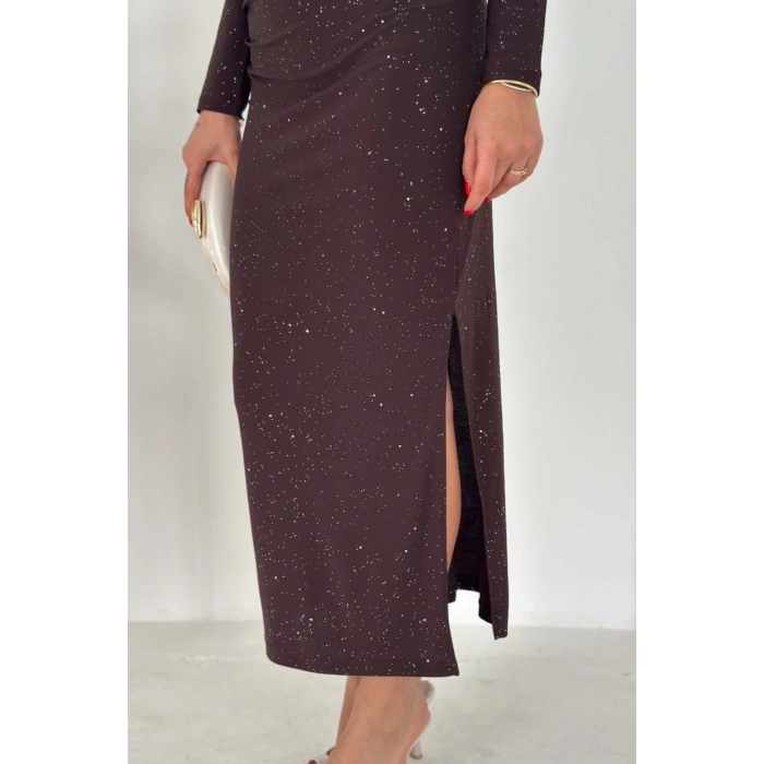 Kadın Uzun Kollu Yırtmaç Detaylı Simli Elbise