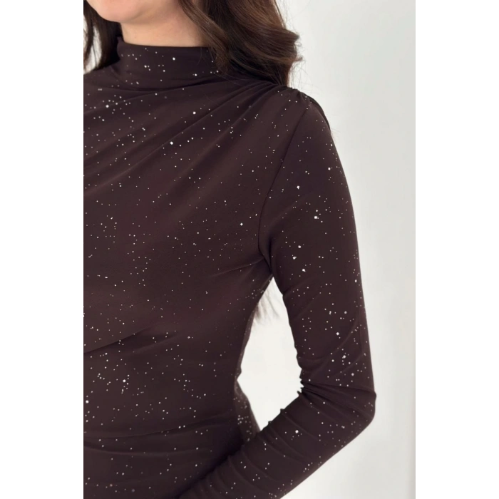 Kadın Uzun Kollu Yırtmaç Detaylı Simli Elbise