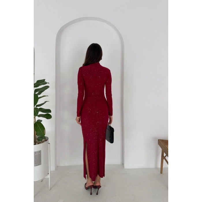 Kadın Kırmızı Uzun Kollu Yırtmaç Detaylı Simli Elbise