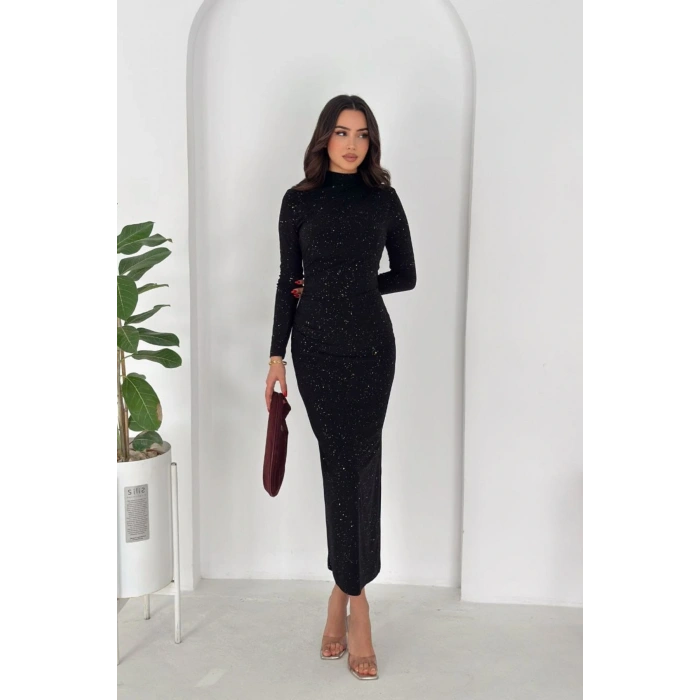 Kadın Uzun Kollu Yırtmaç Detaylı Simli Elbise