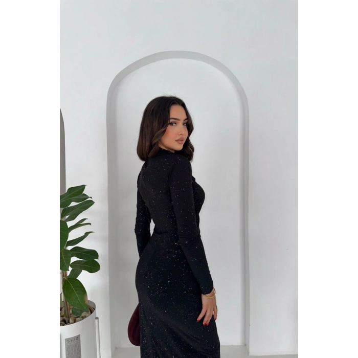 Kadın Uzun Kollu Yırtmaç Detaylı Simli Elbise