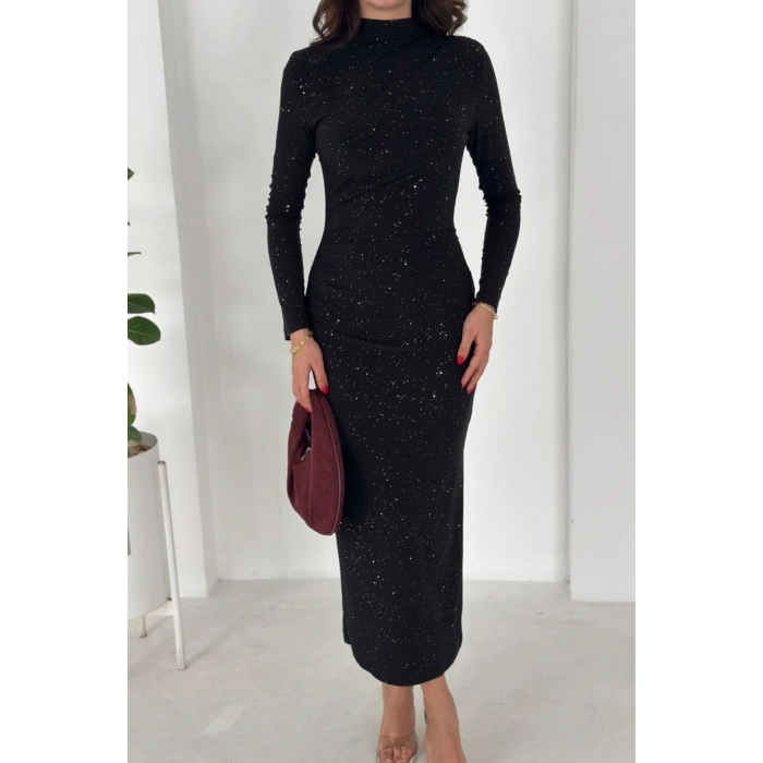 Kadın Uzun Kollu Yırtmaç Detaylı Simli Elbise