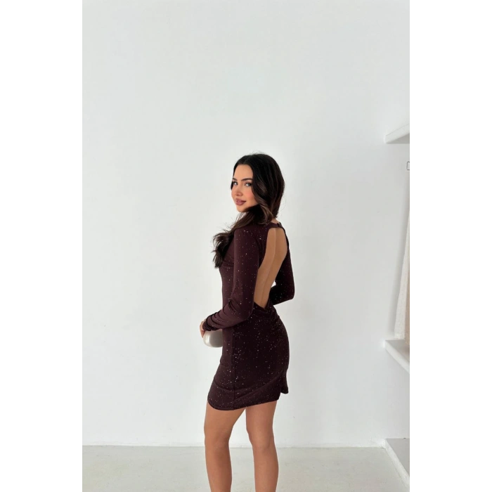 Kadın Sırt Dekolteli Kahverengi Simli Kısa Elbise