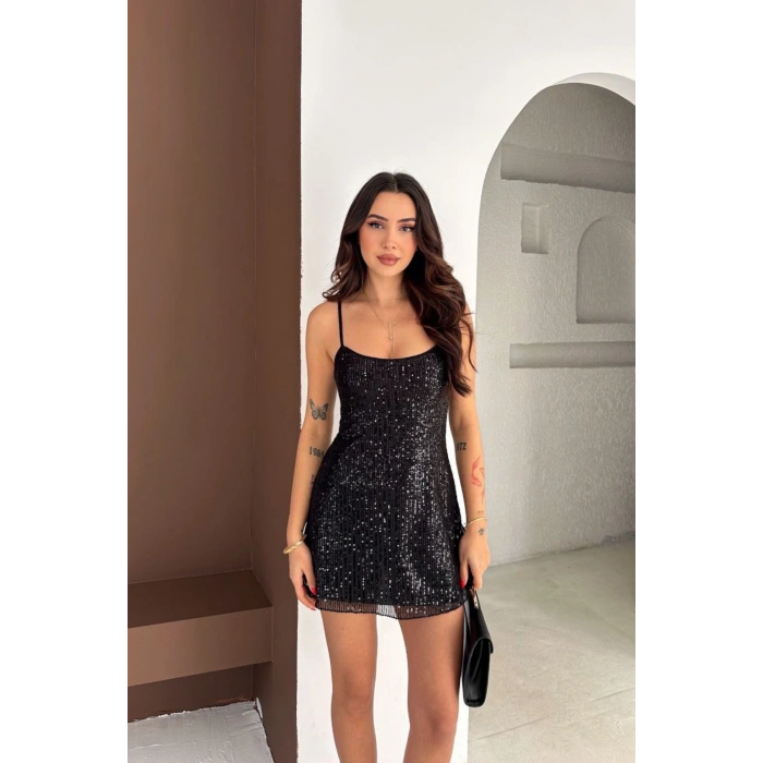 Kadın Ayarlana Bilir Askılı Pul Paletli Siyah Mini Elbise