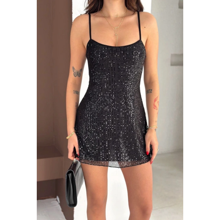 Kadın Ayarlana Bilir Askılı Pul Paletli Siyah Mini Elbise