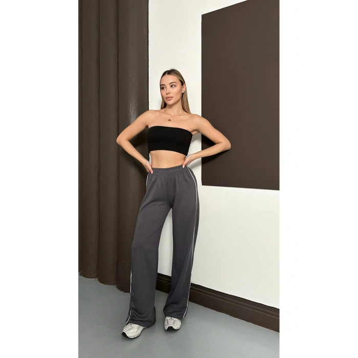 Kadın Gri Yan Şeritli Modal Bol Paça Baggy Eşofman Altı