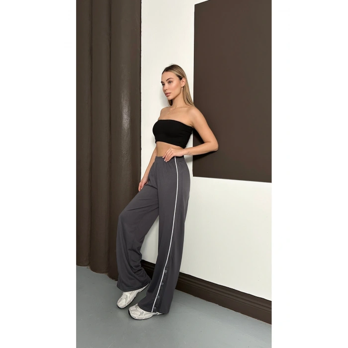Kadın Gri Yan Şeritli Modal Bol Paça Baggy Eşofman Altı