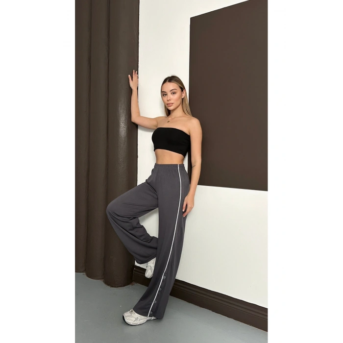 Kadın Gri Yan Şeritli Modal Bol Paça Baggy Eşofman Altı