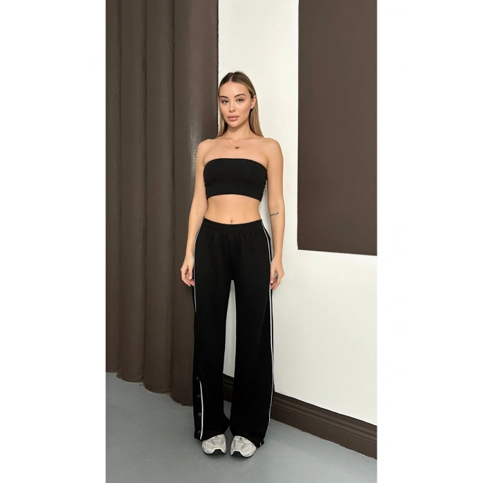 Kadın Siyah Yan Şeritli Modal Bol Paça Baggy Eşofman Altı