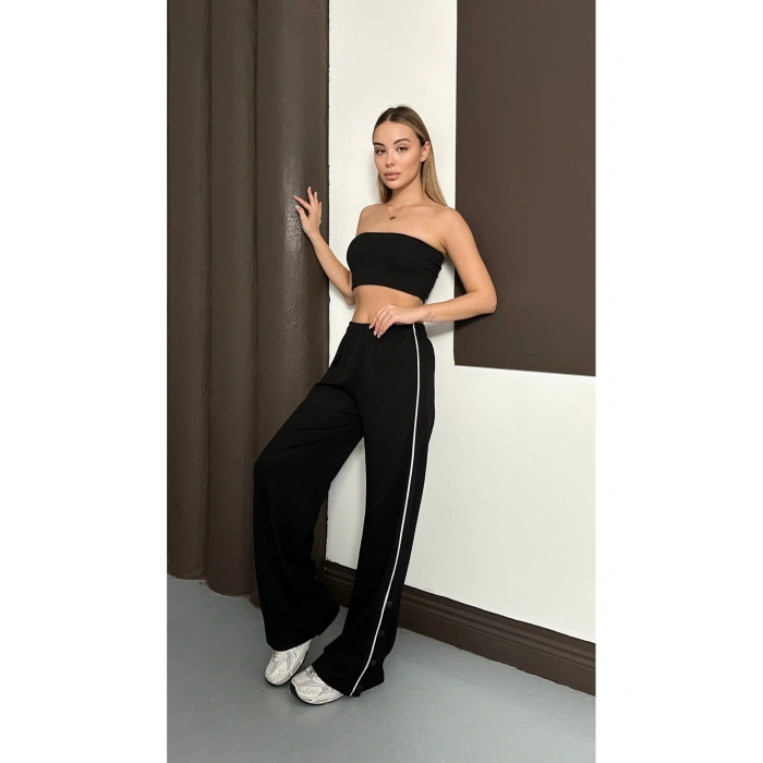 Kadın Siyah Yan Şeritli Modal Bol Paça Baggy Eşofman Altı
