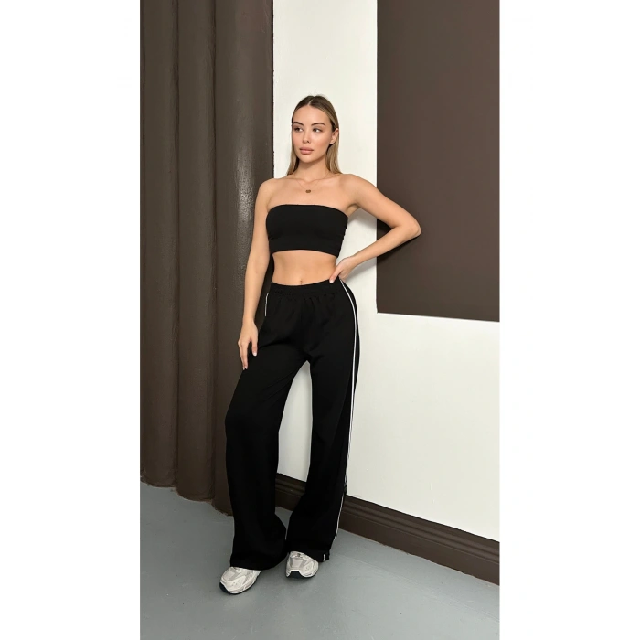 Kadın Siyah Yan Şeritli Modal Bol Paça Baggy Eşofman Altı