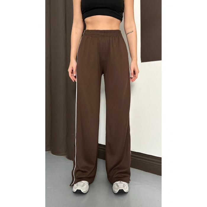 Kadın Kahverengi Yan Şeritli Modal Bol Paça Baggy Eşofman Altı