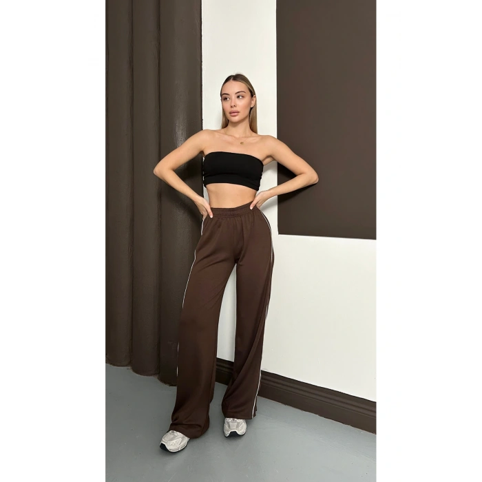 Kadın Kahverengi Yan Şeritli Modal Bol Paça Baggy Eşofman Altı