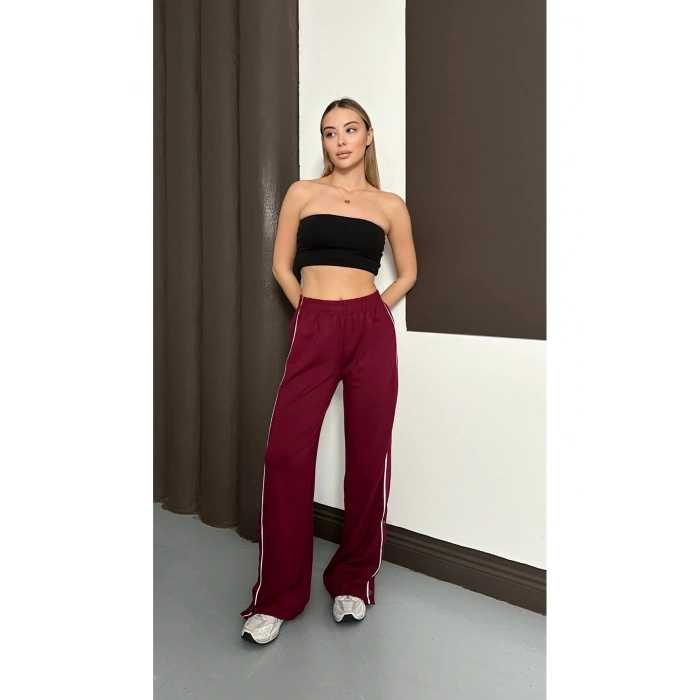 Kadın Bordo Yan Şeritli Modal Bol Paça Baggy Eşofman Altı
