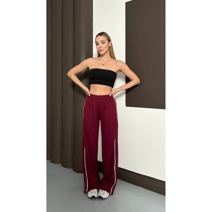 Kadın Bordo Yan Şeritli Modal Bol Paça Baggy Eşofman Altı