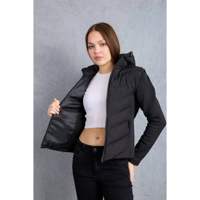 Kadın Siyah Kapüşonlu Şişme Mont – Fermuarlı