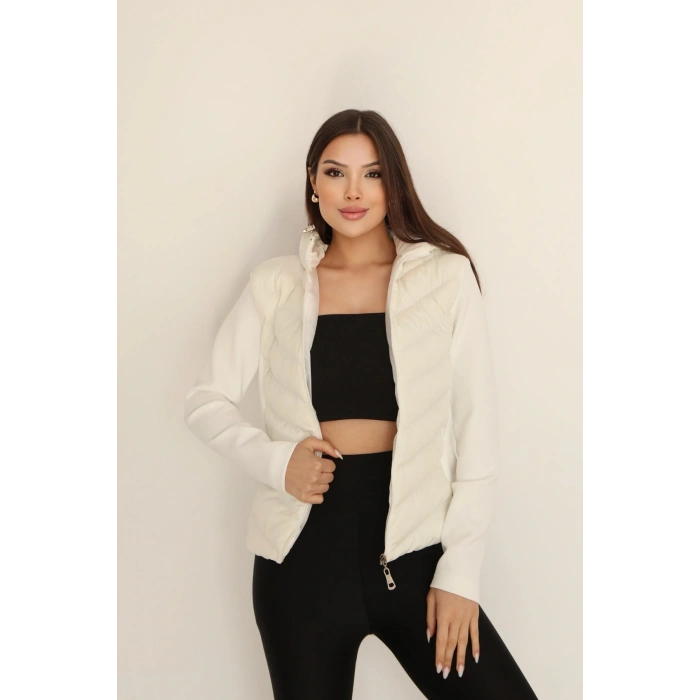 Kadın Krem Kapüşonlu Şişme Mont – Fermuarlı