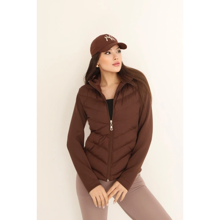 Kadın Kahverengi Kapüşonlu Şişme Mont – Fermuarlı