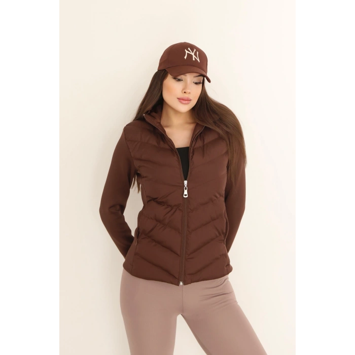 Kadın Kahverengi Kapüşonlu Şişme Mont – Fermuarlı