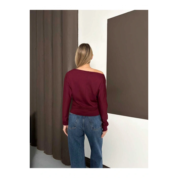 Kadın Bordo Kayık Yaka Yarasa Kol Bluz