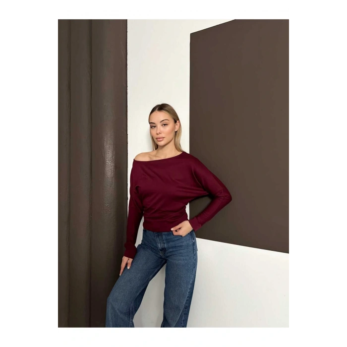 Kadın Bordo Kayık Yaka Yarasa Kol Bluz