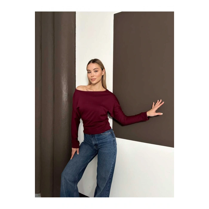 Kadın Bordo Kayık Yaka Yarasa Kol Bluz